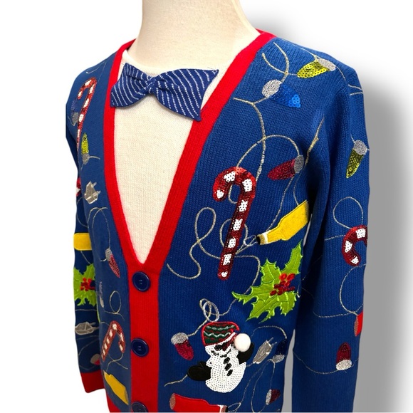 Jolly Sweaters Bright Blue Sequins Ugly Christmas Sweater Bow Tie Pullover Sz M - Picture 8 of 13